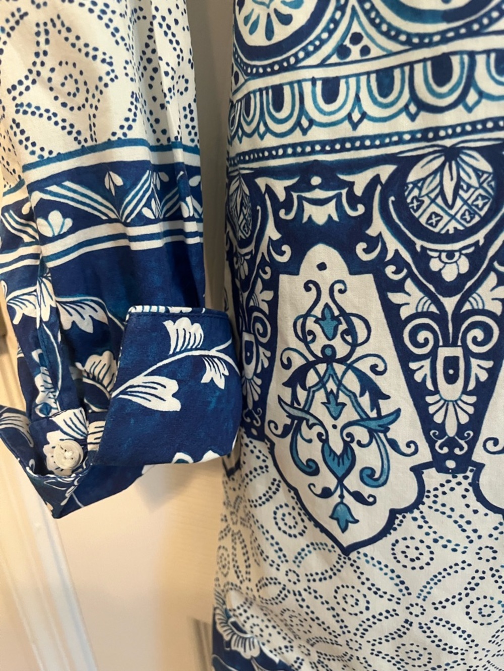 Anthro Blue White Tile Print Shirt Dress XS Button Down Coastal Preppy Chic - Picture 11 of 12